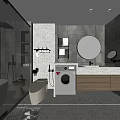 Modern Bathroom Interior With Bathtub Washing Machine Round Mirror Wooden Cabinets And Gray Stone Walls