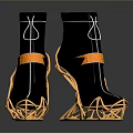 Black White Collar Boots with Gold Hollow Heel and Orange Decorative Stripes for Daily Living