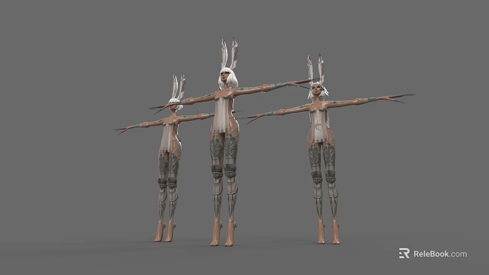 Three Women With White Hair Rabbit Ear Decorations Stretched Arms Tight Clothing 3d model 