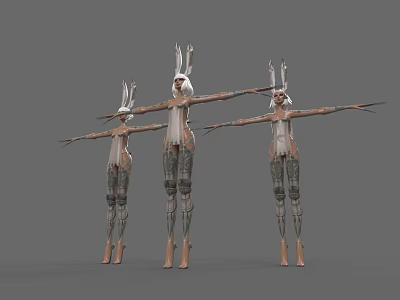 Three Women With White Hair Rabbit Ear Decorations Stretched Arms Tight Clothing 3d model