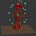 Traditional Chinese Female Character in Green Red Outfit with Headdress and Floating Spirit Orbs