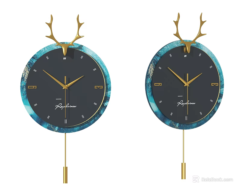 Decorative Wall Clock with Antler Decoration Black Dial Blue Edge and Golden Pendulum 3d model 