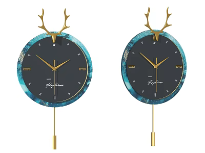 Decorative Wall Clock with Antler Decoration Black Dial Blue Edge and Golden Pendulum 3d model