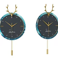 Decorative Wall Clock with Antler Decoration Black Dial Blue Edge and Golden Pendulum