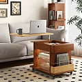 Wooden Side Table with Wheels and Glass Door Storage Shelves for Living Room