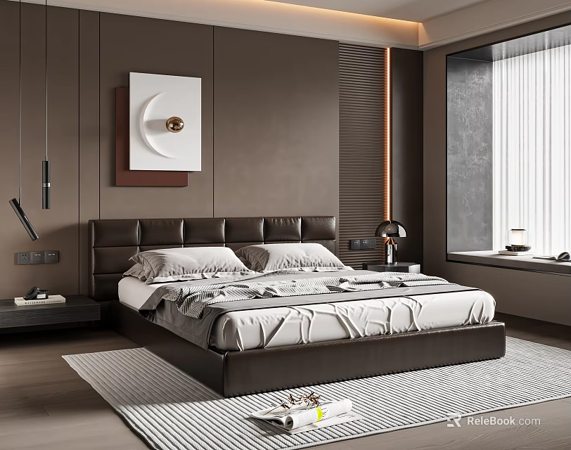 Sleek Modern Bedroom Interior Design With Leather Headboard Decorative Painting Large Window And Area Rug 3d model 