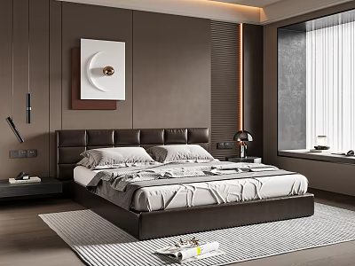 Sleek Modern Bedroom Interior Design With Leather Headboard Decorative Painting Large Window And Area Rug 3d model