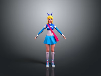Anime Style Female Character With Blonde Hair Blue Accessories And Fantasy Creature Design 3d model