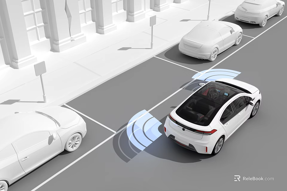 White Autonomous Cars With Radar Sensors For Street Parking Detection 3d model 
