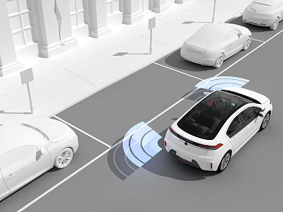 White Autonomous Cars With Radar Sensors For Street Parking Detection 3d model
