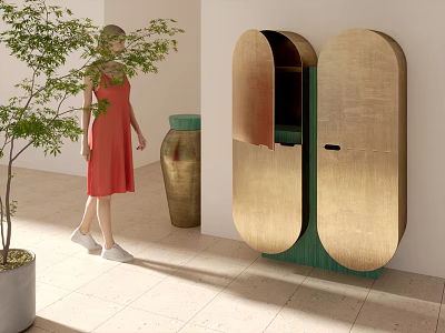 Modern Curved Decorative Cabinet Featuring Golden Finish Green Details and Indoor Plant 3d model
