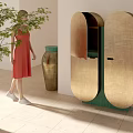 Modern Curved Decorative Cabinet Featuring Golden Finish Green Details and Indoor Plant