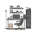 Home Office Desk With Computer Monitor Office Chair Bookshelf Floor Lamp Photo Frames And Storage