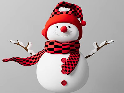 Cute Snowman Doll With Red And Black Checkered Hat Scarf Red Buttons And Branch Arms 3d model