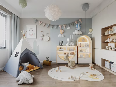 Cozy Kids Room Interior Design With Teepee Tent Play Mat Toys And Decorative Shelves 3d model