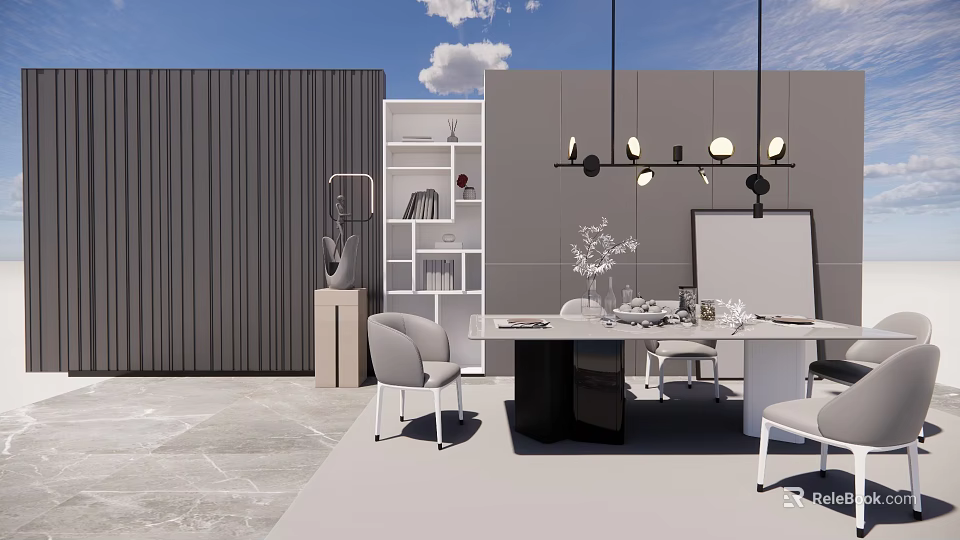 Modern Dining Table Set With Gray Chairs Hanging Lights And Decorative Bookshelf 3d model 