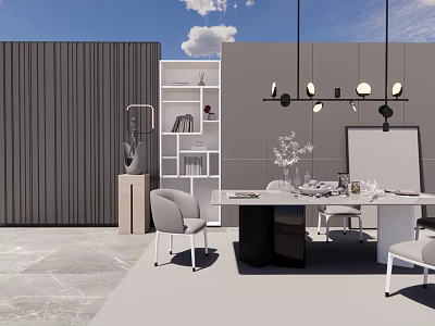 Modern Dining Table Set With Gray Chairs Hanging Lights And Decorative Bookshelf 3d model