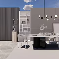 Modern Dining Table Set With Gray Chairs Hanging Lights And Decorative Bookshelf