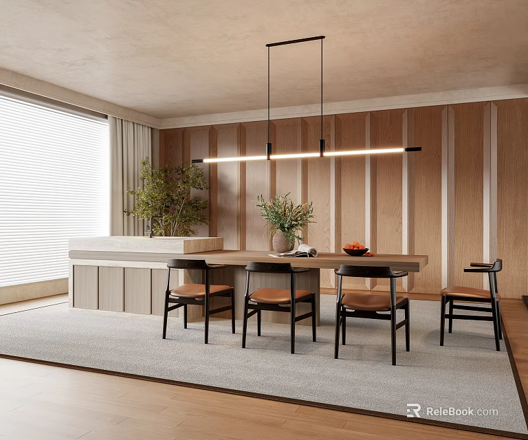 Modern Restaurant Interior With Wooden Walls Dining Table Chairs Pendant Lights And Plants 3d model 
