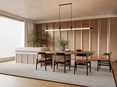 Modern Restaurant Interior With Wooden Walls Dining Table Chairs Pendant Lights And Plants 3d model