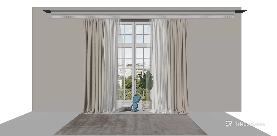 Beige Curtains With White Sheer Layers For Modern Window Interior Design 3d model 
