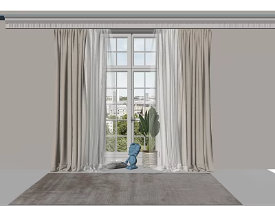 Beige Curtains With White Sheer Layers For Modern Window Interior Design 3d model