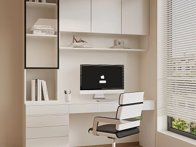 Modern Home Office Workspace With White Desk Apple iMac White Chair And Window Blinds 3d model
