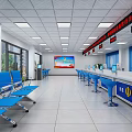 Spacious Service Hall Interior With Bright Lighting Service Counters Computers Blue Stools And Glass Doors