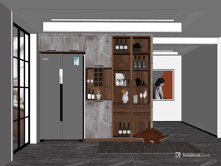 Modern Wooden Wine Cabinet Interior Design With Wine Bottles And Decorative Items 3d model 