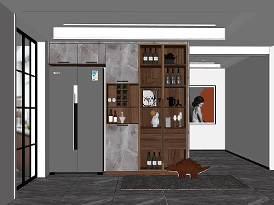 Modern Wooden Wine Cabinet Interior Design With Wine Bottles And Decorative Items 3d model