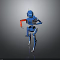Blue Mechanical Robot Character With Red Arm Standing On Dark Reflective Surface
