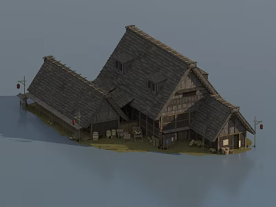 Ancient Traditional Architecture With Sloped Roofs Wooden Structure And Waterfront Lanterns 3d model