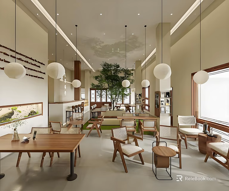 Modern Café Interior With Wooden Furniture Hanging Lights Green Plant And Natural Light 3d model 