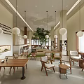 Modern Café Interior With Wooden Furniture Hanging Lights Green Plant And Natural Light