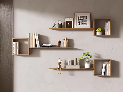Modern Minimalist Wooden Wall Mounted Shelves With Books Decor And Potted Plant On Gray Wall 3d model
