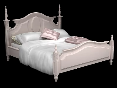 Classic White Double Bed With Carved Headboard Pink Pillows And Blanket 3d model