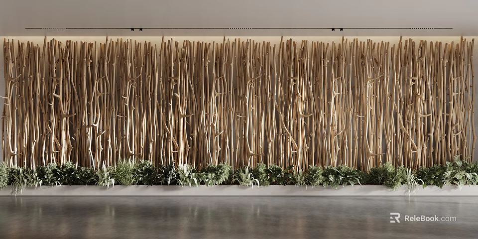 Modern Interior Feature Wall With Wooden Slats And Green Plants At Bottom 3d model 