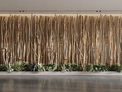 Modern Interior Feature Wall With Wooden Slats And Green Plants At Bottom 3d model