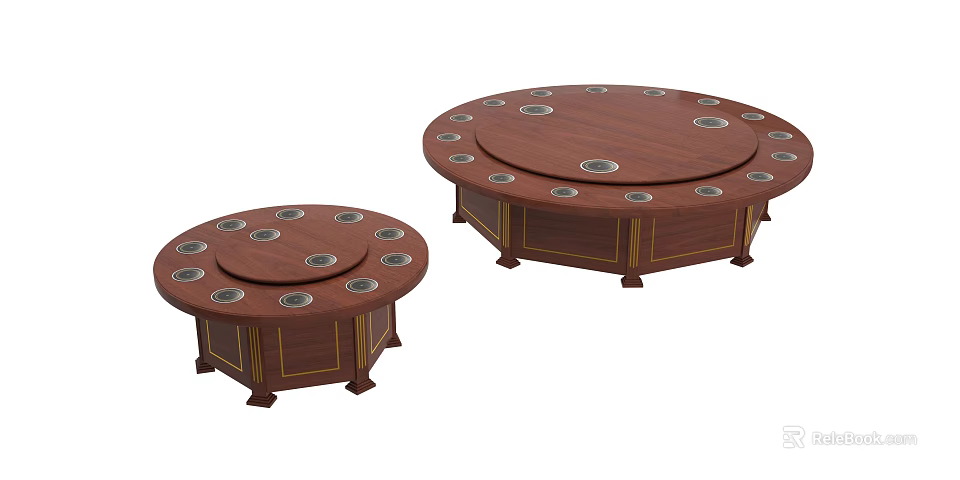 Round Brown Dining Tables In Two Different Sizes With Gold Accents And Circular Recesses 3d model 