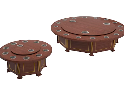 Round Brown Dining Tables In Two Different Sizes With Gold Accents And Circular Recesses 3d model