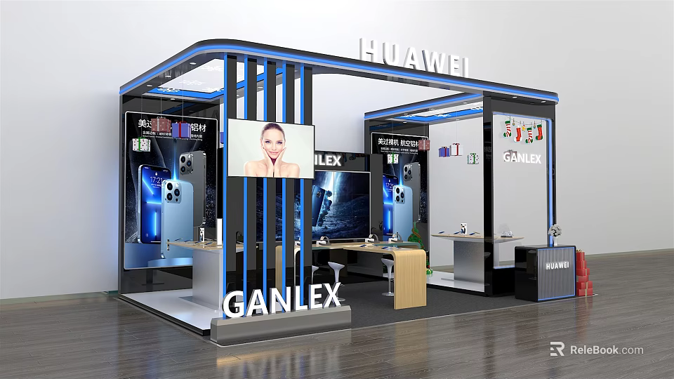 Modern HUAWEI and GANLEX Exhibition Booth With Blue Pillars Display Screens and Product Showcases 3d model 
