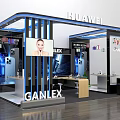 Modern HUAWEI and GANLEX Exhibition Booth With Blue Pillars Display Screens and Product Showcases