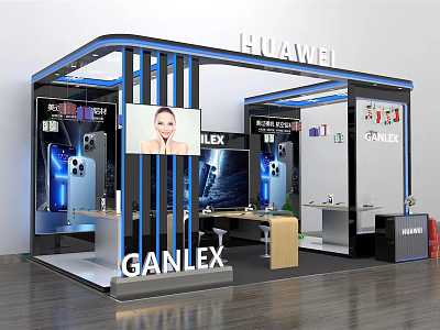 Modern HUAWEI and GANLEX Exhibition Booth With Blue Pillars Display Screens and Product Showcases 3d model