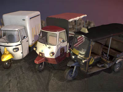 Various Three Wheeled Vehicles Featuring Different Colors And Vintage Design Styles 3d model