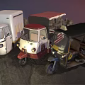 Various Three Wheeled Vehicles Featuring Different Colors And Vintage Design Styles