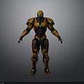 Orange Black Armored Sci Fi Warrior Character With Glowing Blue Chest