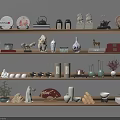 Stylish Decorative Ornament Combination with Plates Teapots Vases and Small Sculptures on Shelves