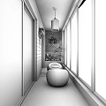 Villa Balcony with Wooden Floor Glass Doors Rattan Round Table Green Plants and Garden View