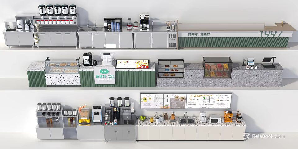 Bubble Tea Shop Interior With Counter Drinks Display Menu Board And Equipment 3d model