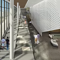 Modern Front Desk Reception in Elegant Lobby with Geometric Wall Glass Windows and Staircase